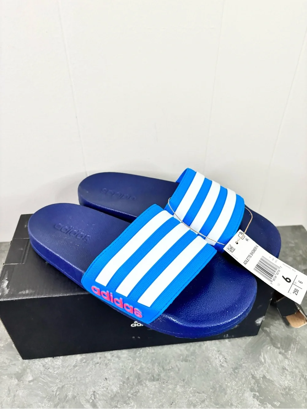 Adidas Unisex-Child Adilette Shower Slides blue white stripe new size 6 big kid